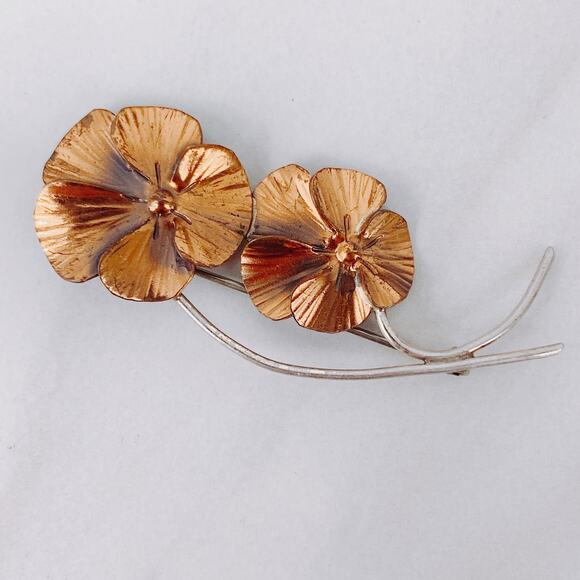 VTG Signed Stuart Nye 50s 60s Copper, Sterling Silver Double Flower Brooch Pin - Picture 13 of 13